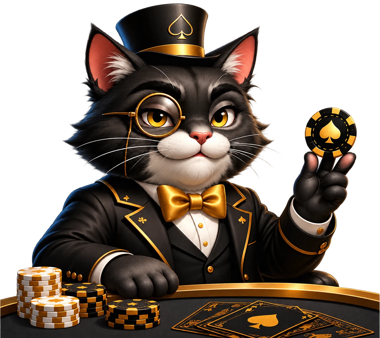 MASCOT black-and-gold casino cat in formalwear holding a poker chip