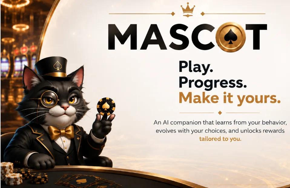 Original MASCOT presentation: black cat with a monocle, top hat and poker chip, alongside the words Play. Progress. Make it yours.